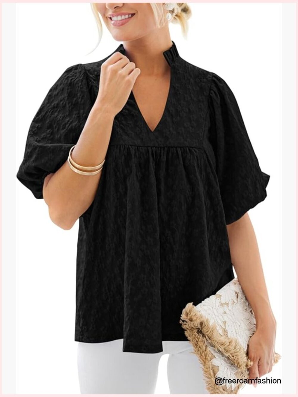 Ruffle V Neck Puff Short Sleeve Babydoll Blouse Loose Fit Dressy Casual Top